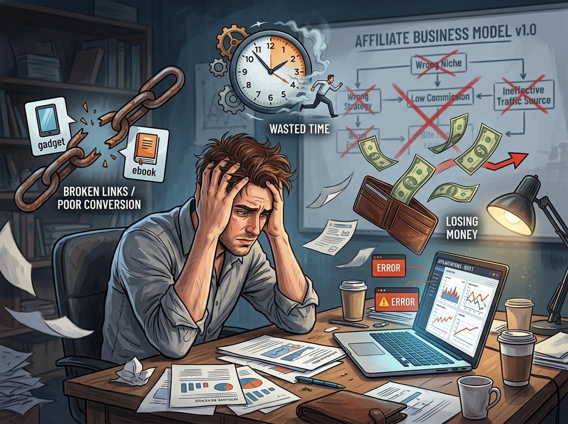 A frustrated person sitting at a cluttered desk with papers and a laptop, surrounded by symbols of broken links, a slipping clock, and flying money, illustrating mistakes in affiliate marketing.