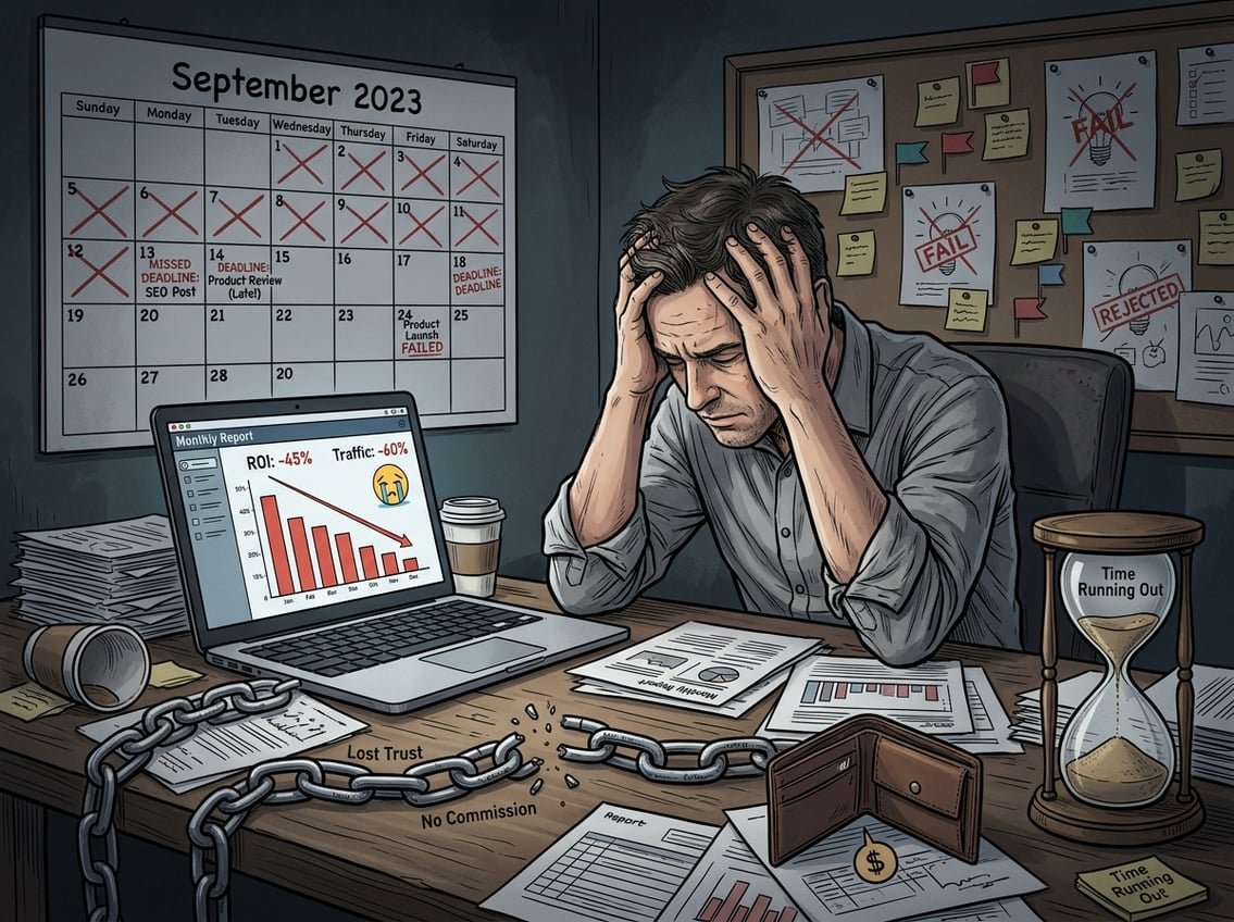 A frustrated person sitting at a cluttered desk with a laptop showing declining graphs, surrounded by symbols of lost trust, wasted money, and running out of time.