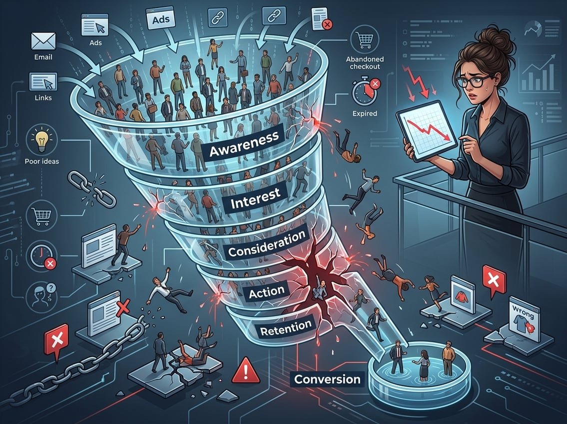 A person observing a funnel where many customers drop out at different stages, illustrating why affiliate marketing funnels often fail.