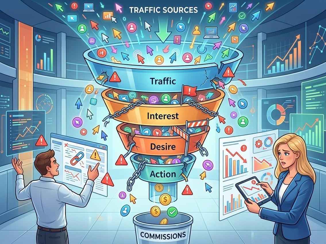 A funnel with many digital clicks entering the top but few coins coming out the bottom, with frustrated marketers analyzing charts nearby.