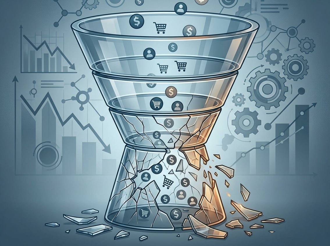 A large marketing funnel with cracks at the base leaking icons representing affiliate marketing, set against a background of digital marketing symbols.