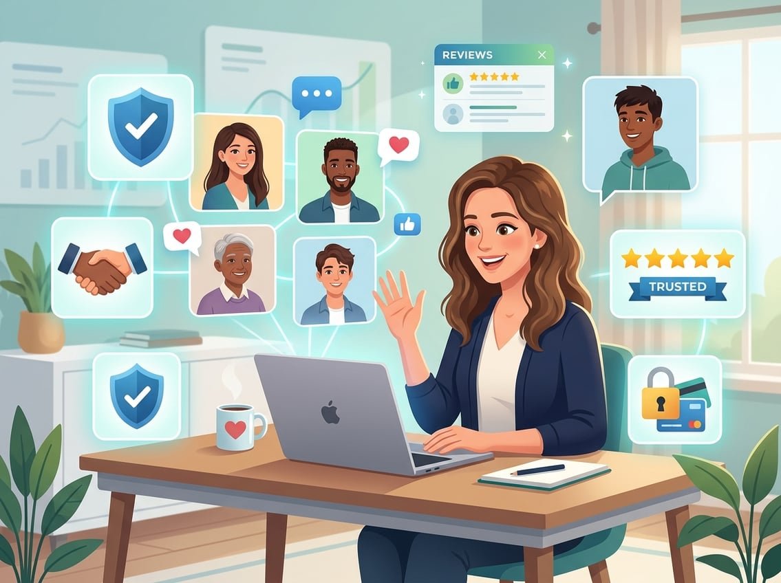 A person at a desk using a laptop, communicating with diverse customers online surrounded by icons symbolizing trust, such as a shield, handshake, and five-star rating.