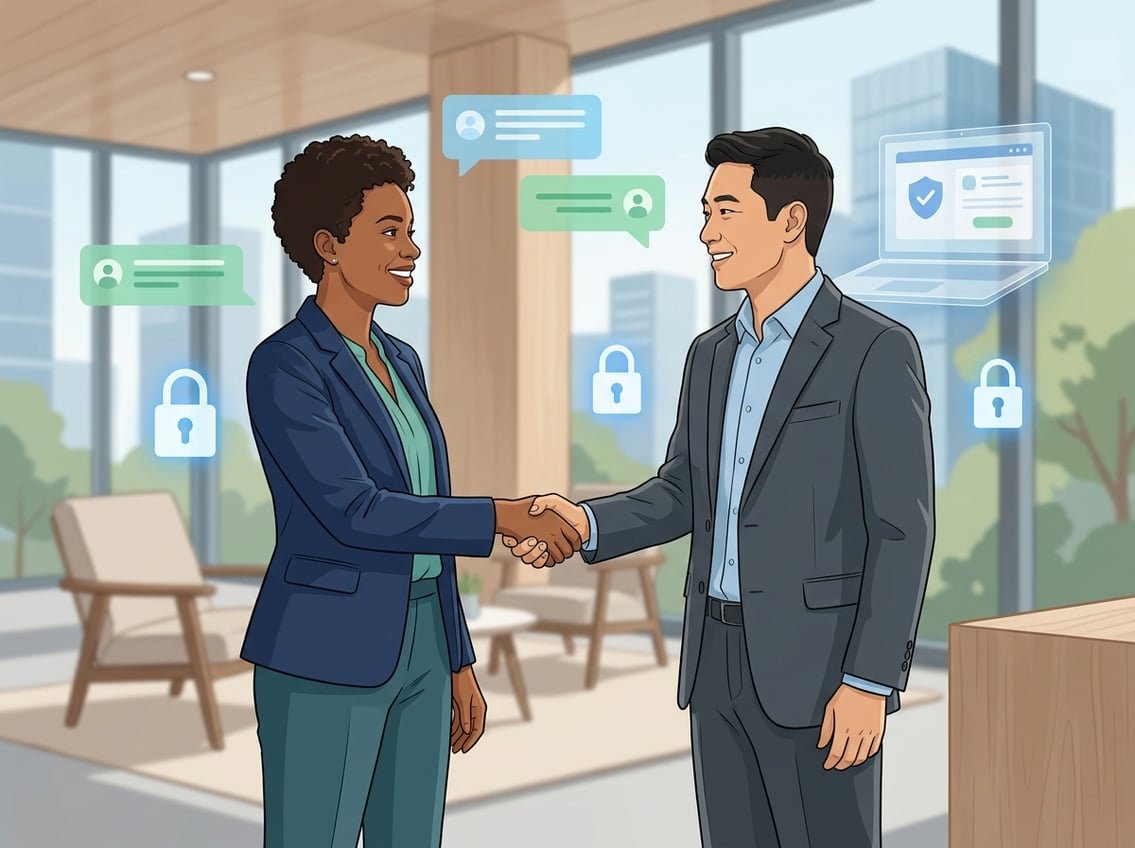 Two business professionals shaking hands in a modern office with digital icons representing online communication and security around them.