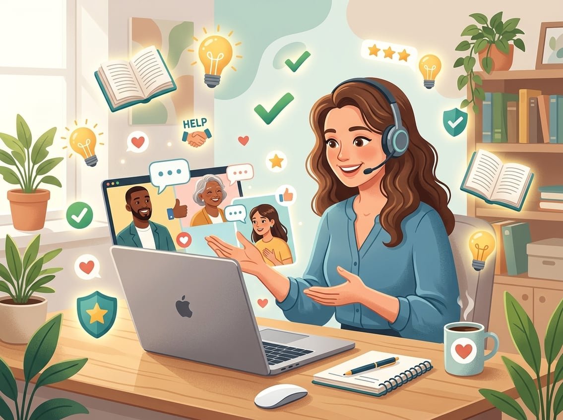 A person working at a desk with a laptop, interacting with diverse customers through video calls and chat, surrounded by icons representing helpful content and trust.