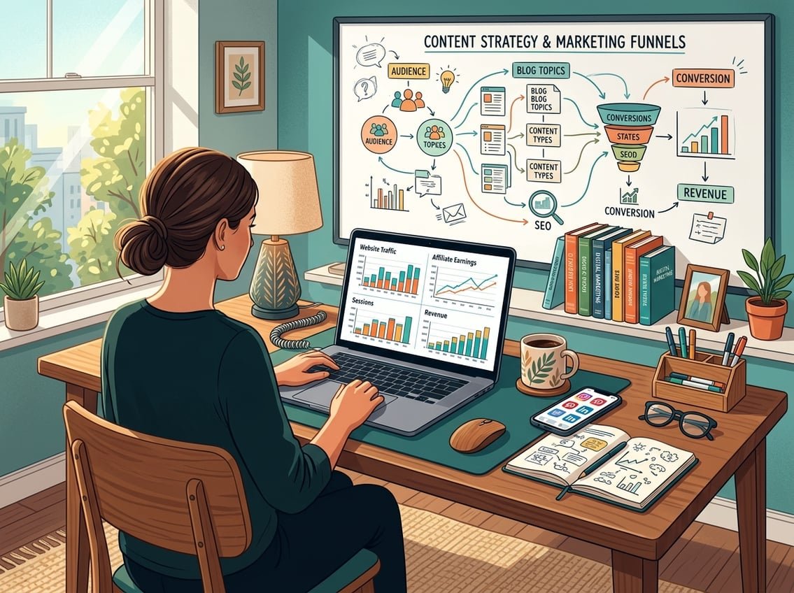 A modern workspace with a laptop showing charts, a whiteboard with flowcharts, notebooks, and a smartphone displaying social media icons.
