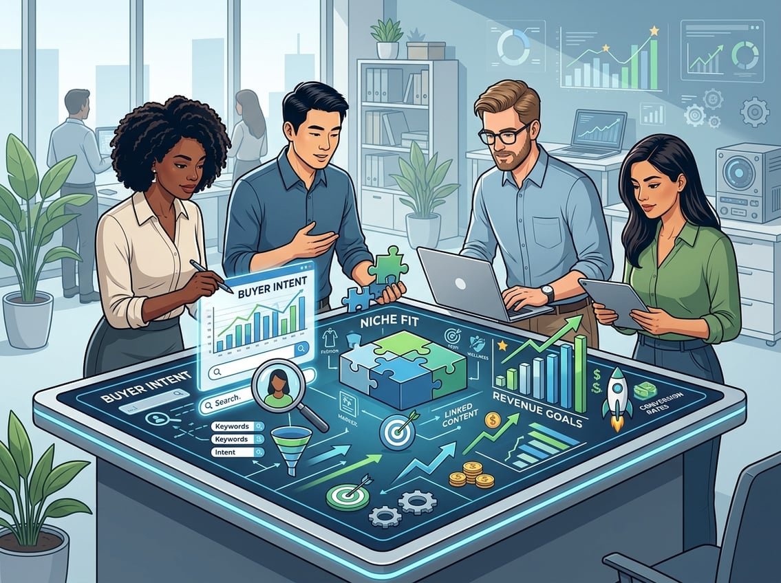 A group of people collaborating around a digital dashboard showing charts and icons representing buyer intent, niche fit, and revenue growth in an office setting.