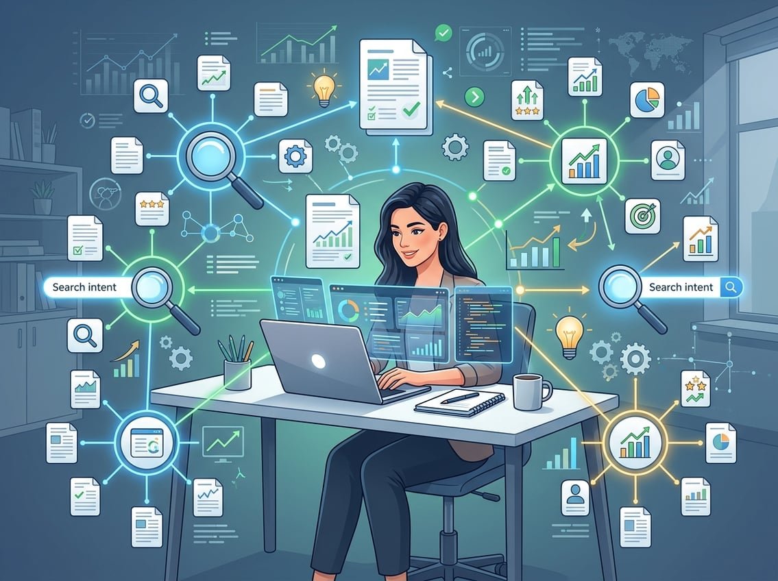 A person working at a desk with a laptop surrounded by interconnected icons representing search intent, keywords, and topic clusters in a digital content planning environment.