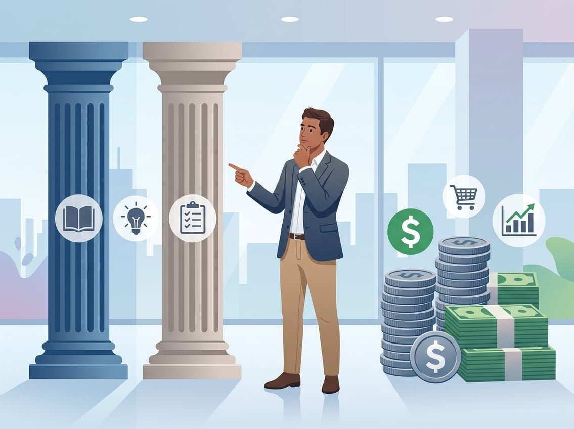 A person in an office looks thoughtfully at two large pillars on one side and stacks of money on the other, symbolizing a choice between foundational content and revenue-focused posts.