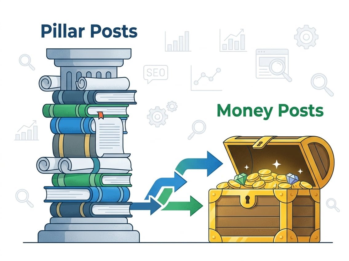An illustration showing a tall pillar made of books on the left and a golden treasure chest on the right connected by an arrow, symbolizing the progression from foundational content to revenue-generating content.