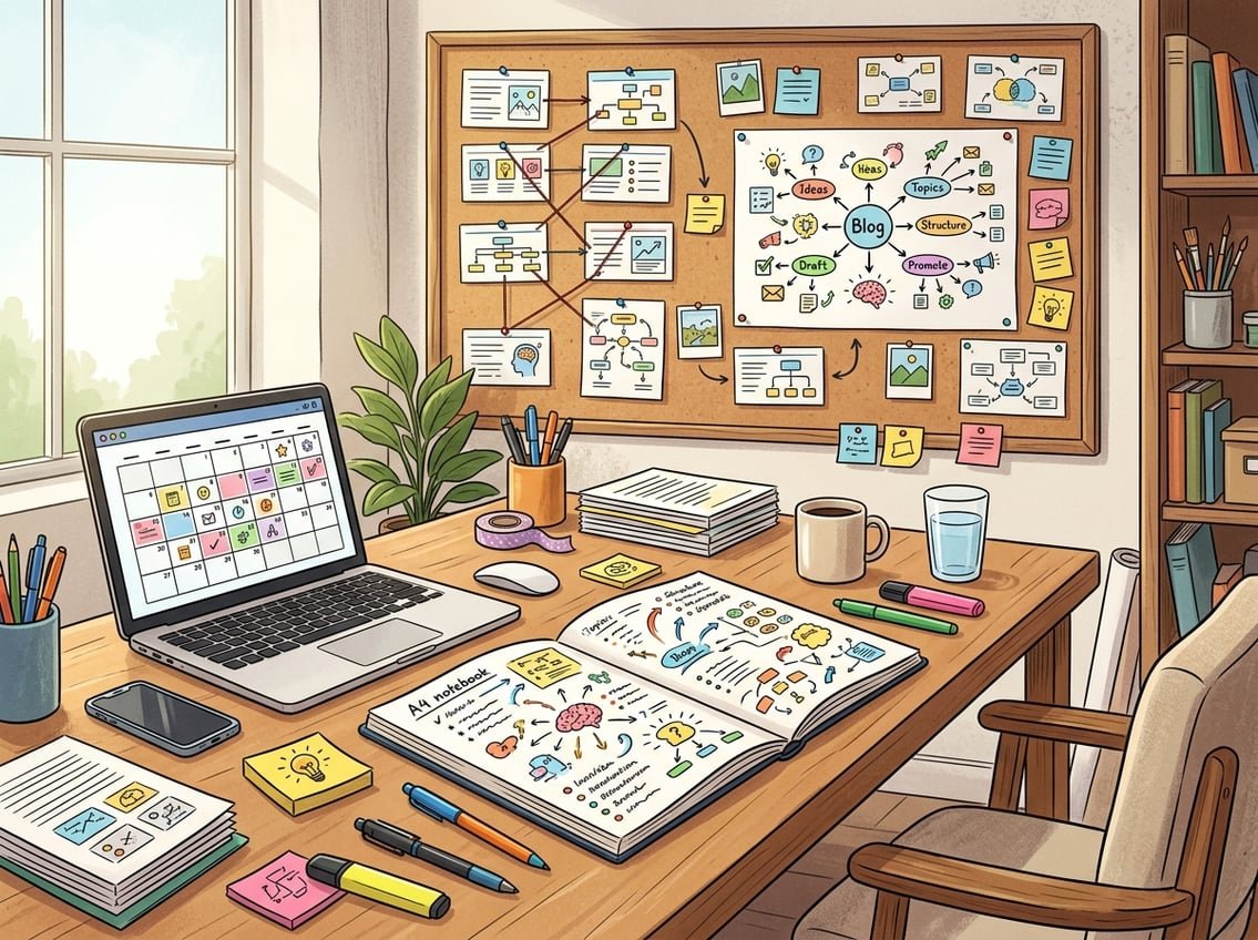 A workspace with a notebook, laptop, sticky notes, and a board covered with index cards and diagrams, showing the process of planning multiple blog posts.
