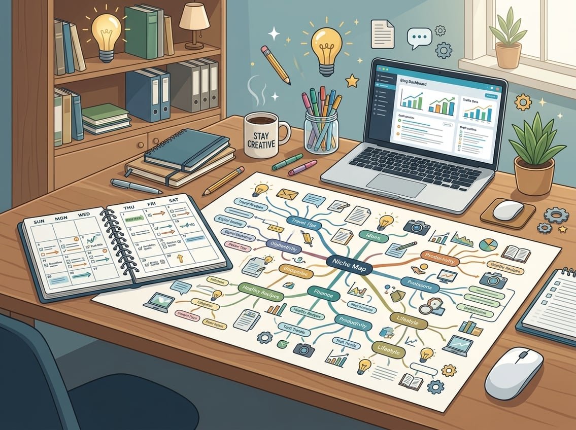 A workspace showing a niche map with interconnected blog topic categories, a planner with marked dates, and a computer screen displaying a blog dashboard.