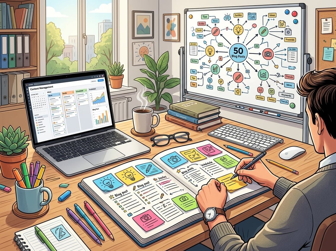 A workspace with a notebook filled with colorful notes, a laptop, and a whiteboard showing connected ideas for blog post planning.