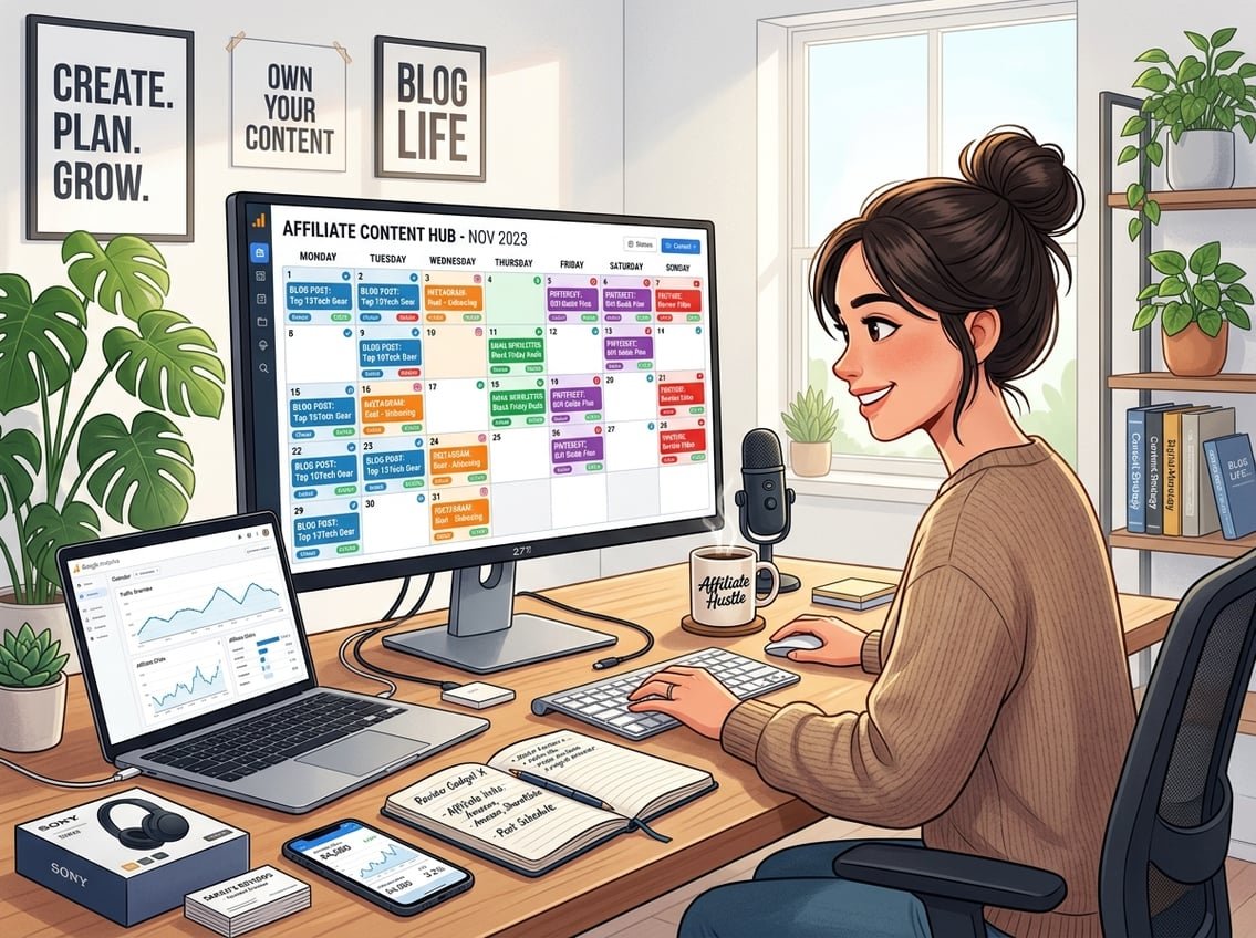 A workspace with a computer showing a colorful digital calendar, surrounded by notebooks, a smartphone with graphs, coffee cup, and office plants.