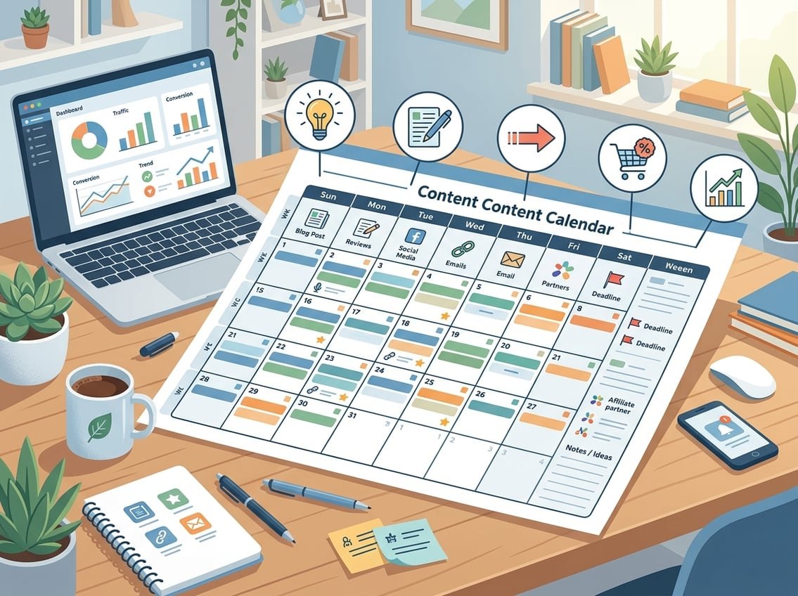 A desk with a large calendar, a laptop showing graphs, and icons representing content planning and affiliate marketing.