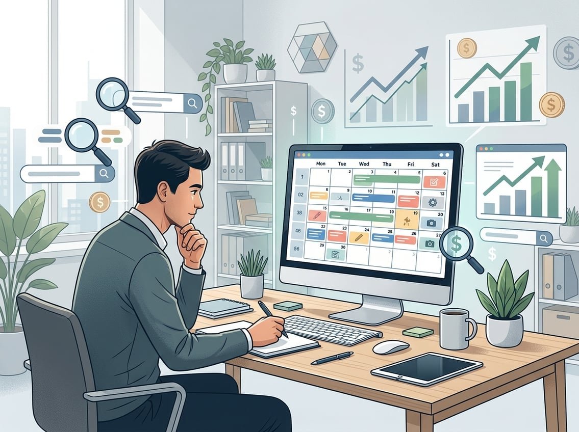 A person working at a desk with a computer showing a content calendar, surrounded by icons representing search intent and commission growth.