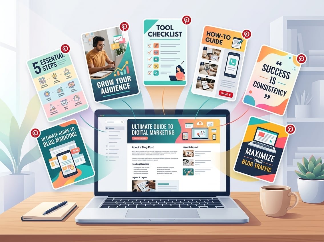 A laptop displaying a blog post surrounded by multiple colorful Pinterest pin previews floating around it on a desk with a coffee cup and notebook.