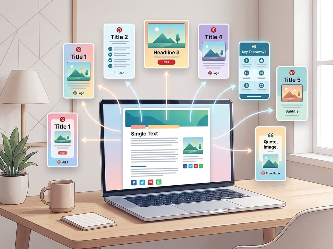 A laptop showing a blog post on its screen with multiple Pinterest pins connected around it, illustrating one blog post being turned into many pins.