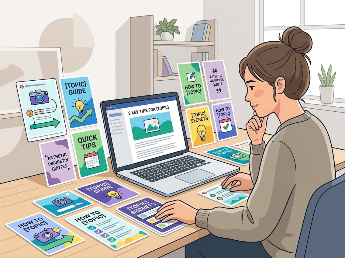 A person organizing multiple Pinterest pin designs around a laptop displaying a blog post.