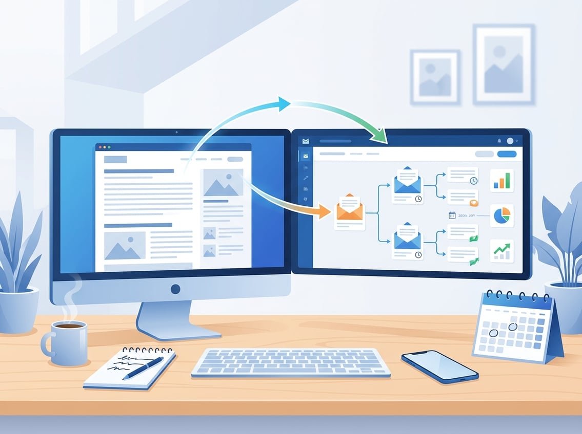 A workspace showing a computer screen with a blog post connected by arrows to multiple email drafts on another screen, illustrating the process of turning one blog post into an email campaign.