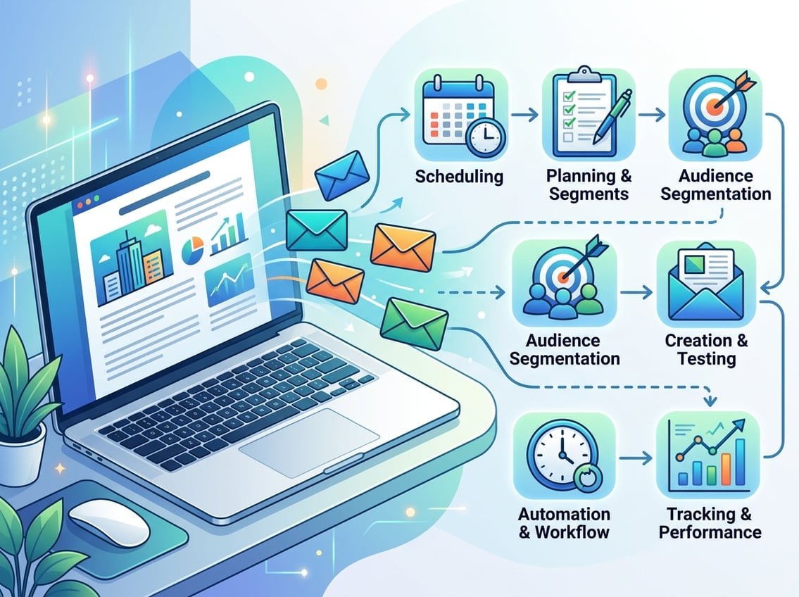 A laptop displaying a blog post with multiple colorful email icons branching out into connected steps representing an email campaign process.