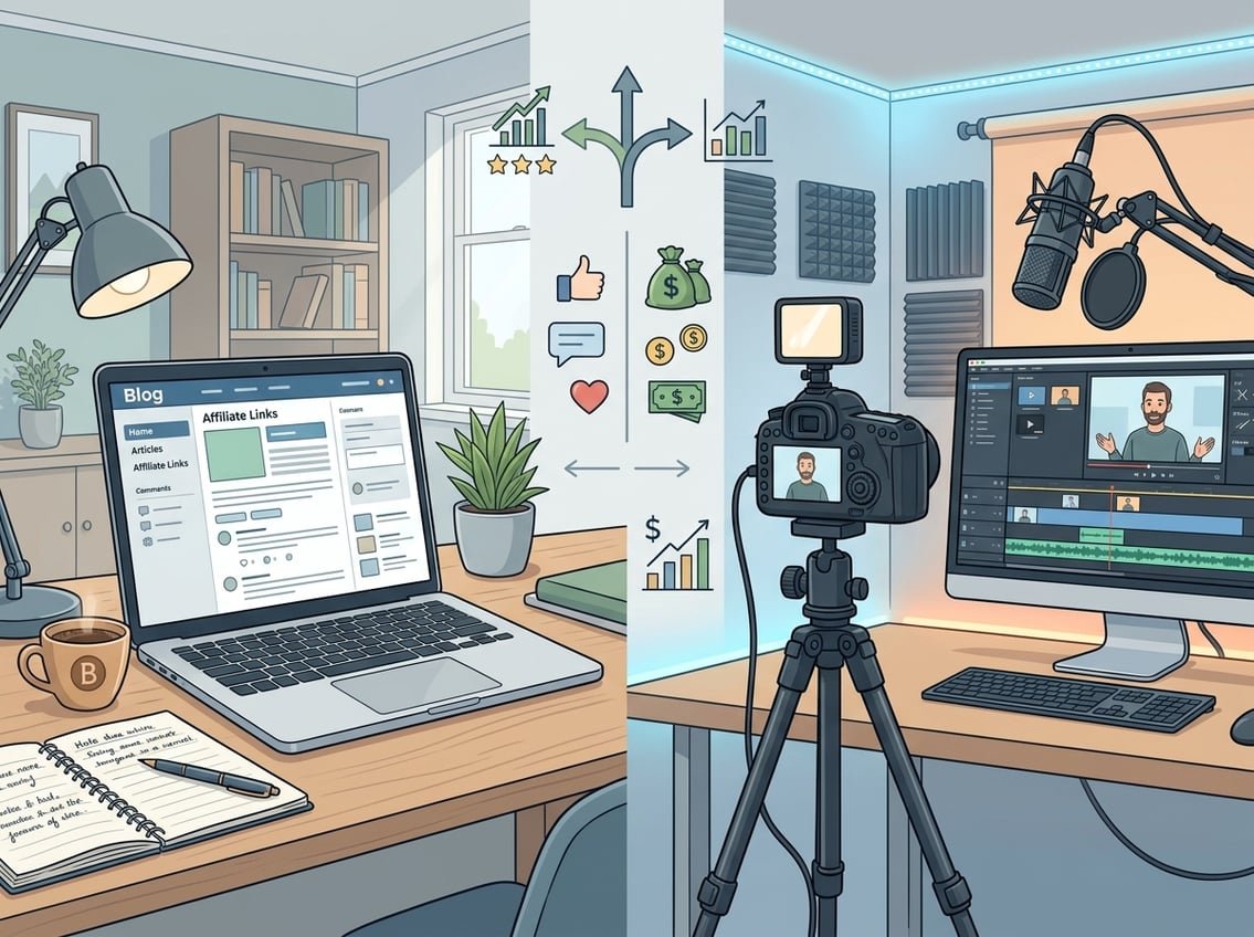 A split scene showing a workspace with a laptop and writing tools on one side and a video recording setup with a camera and microphone on the other side, illustrating a comparison between blogging and YouTube platforms.