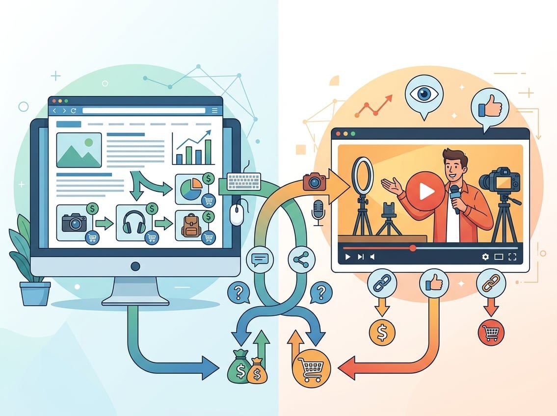 An illustration showing a comparison between blogging and YouTube for affiliate marketing beginners, with a blog page on one side and a video creator on the other, connected by arrows representing how each platform generates revenue.