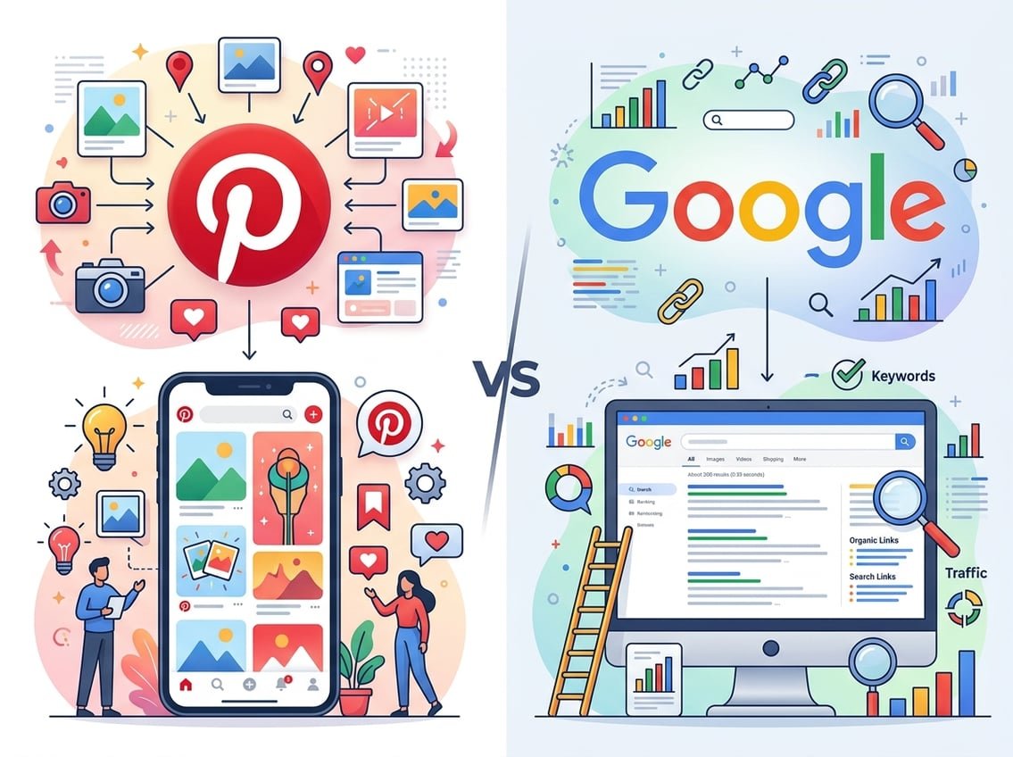 A split scene showing Pinterest icons and images on one side and Google search elements on the other, illustrating a comparison between the two platforms.