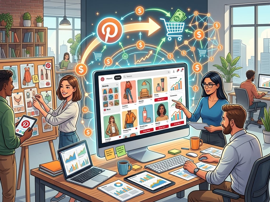 A group of professionals working together in an office with a large screen showing a Pinterest-style interface filled with colorful product images and digital marketing symbols.