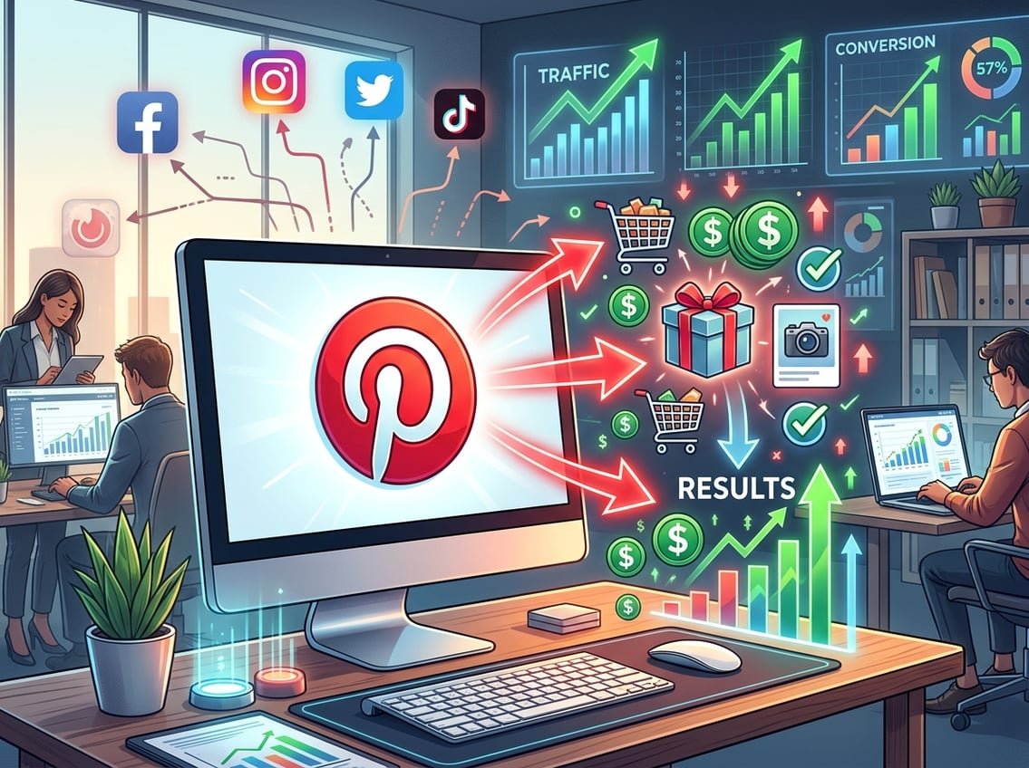 A digital workspace showing a computer screen with the Pinterest logo connected to shopping and dollar sign icons, surrounded by smaller social media symbols and upward trending graphs.