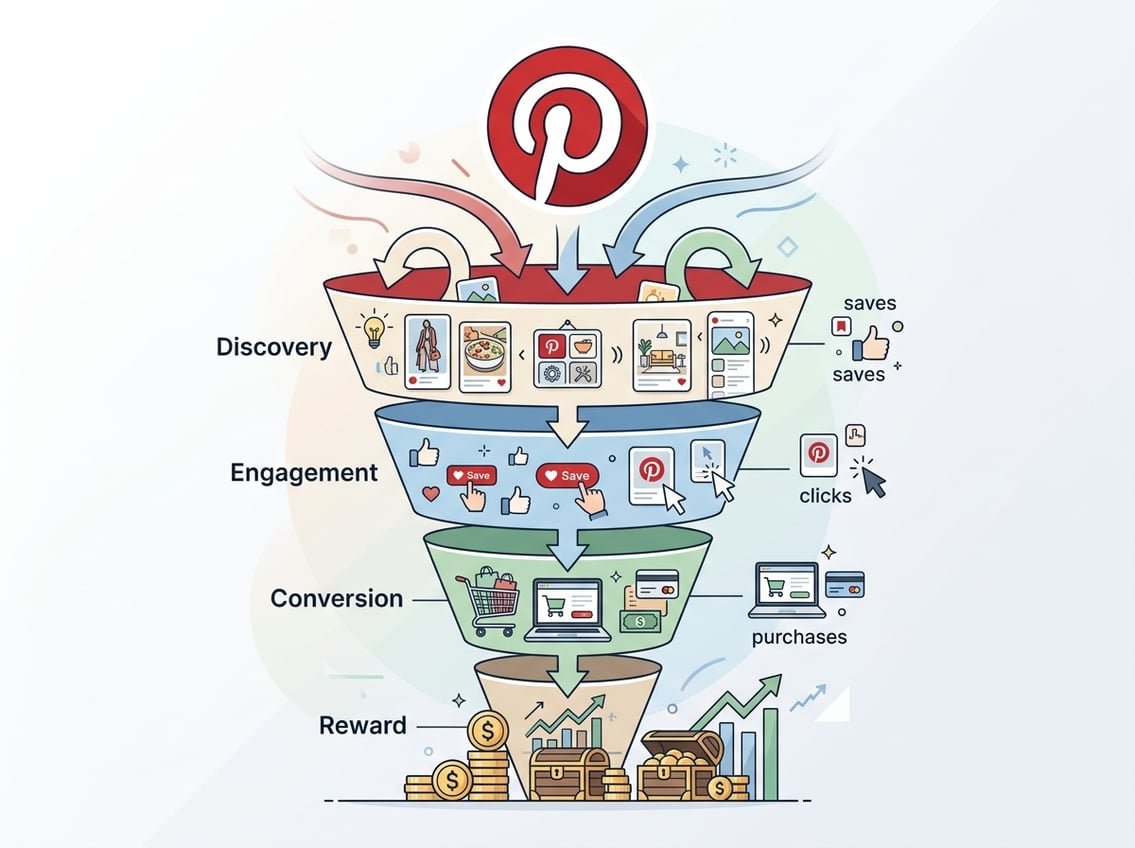 An illustration showing a funnel with the Pinterest logo at the top and stages representing discovery, engagement, conversion, and reward, surrounded by icons of pins, clicks, shopping carts, and dollar signs.
