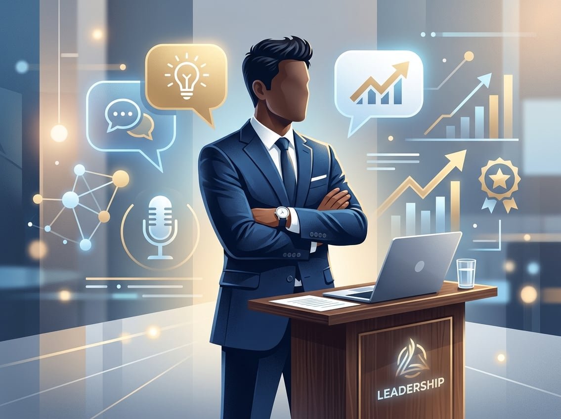 A confident businessperson standing behind a desk with abstract icons of communication and growth around them, symbolizing authority without showing their face.