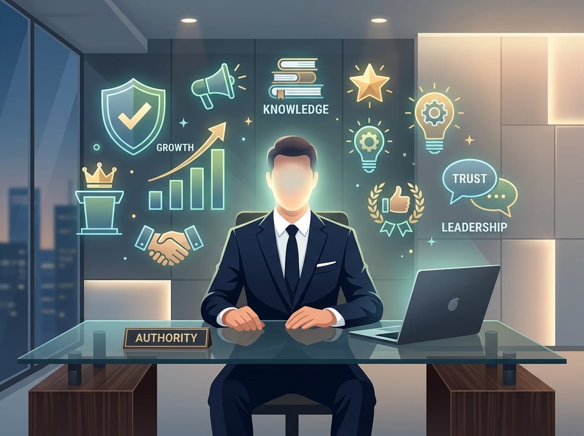A person in formal attire sitting at a desk without a visible face, surrounded by icons representing authority and success in a modern office setting.