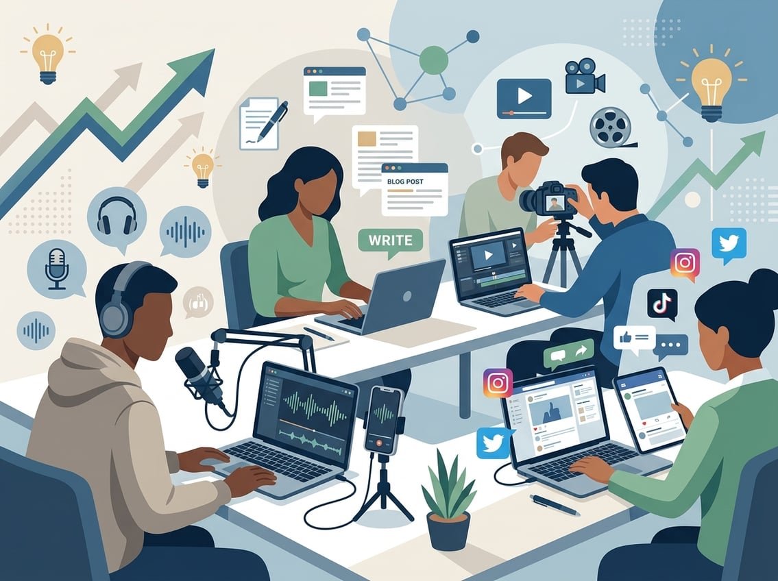 A group of faceless content creators working with laptops and microphones surrounded by icons representing podcasts, blogs, and videos.