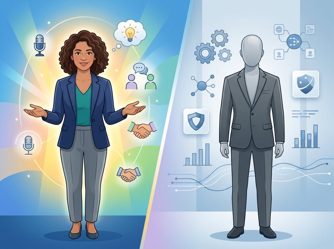 Two contrasting scenes side by side: a confident person representing a personal brand on the left, and an abstract faceless figure symbolizing a faceless brand on the right.