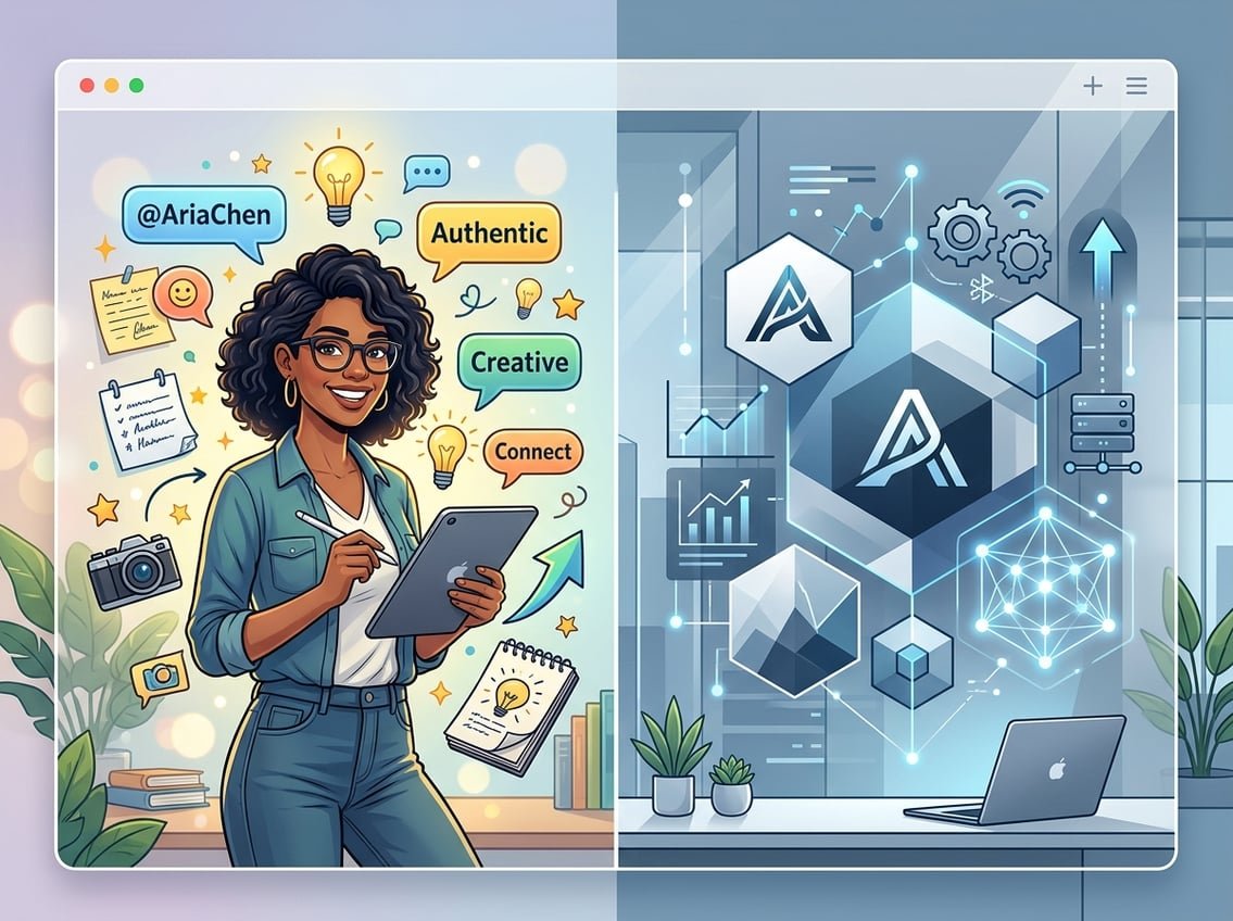 Two contrasting brand concepts side by side: a detailed portrait of a person representing a personal brand and an abstract faceless brand made of geometric shapes and digital icons.