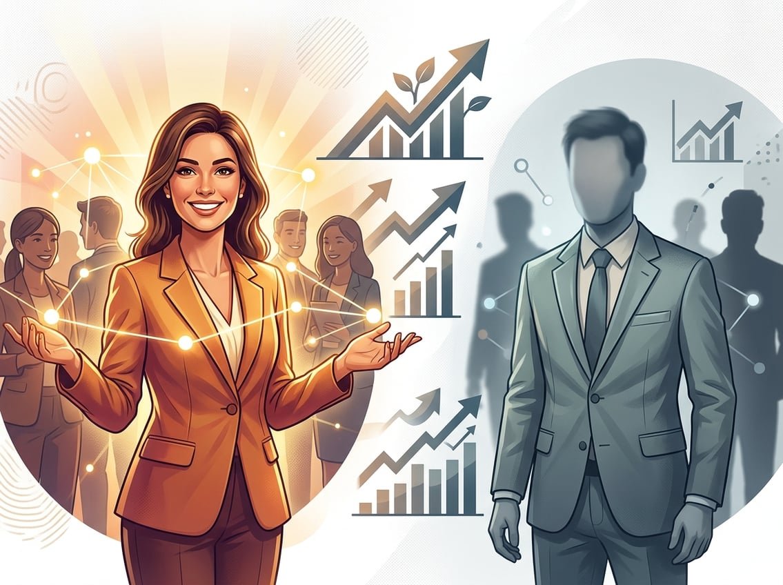 Two contrasting figures representing a personal brand and a faceless brand, with visual elements showing differences in trust, attention, and growth.