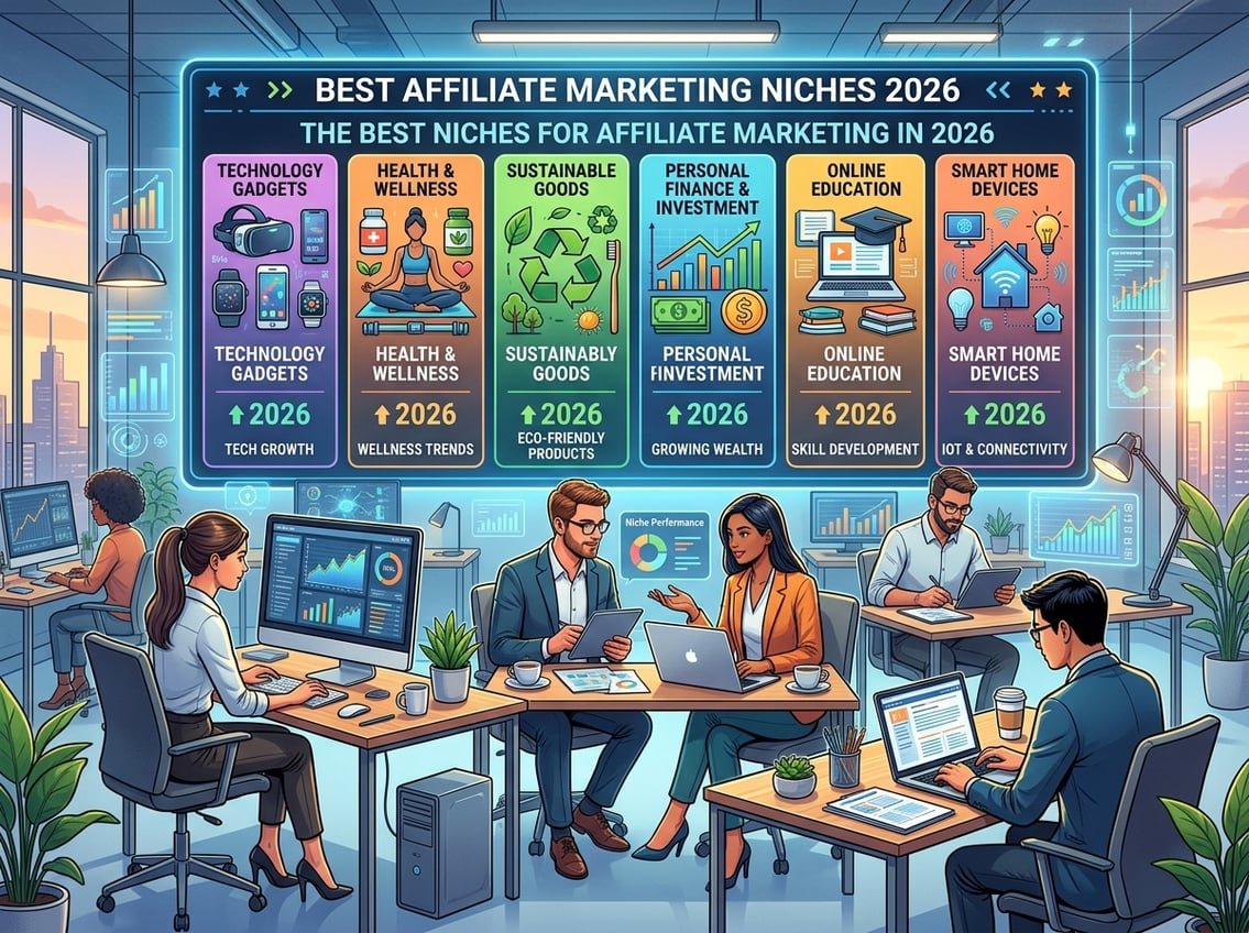 A modern workspace with professionals analyzing data and digital icons representing top affiliate marketing niches like technology, health, finance, education, and eco-friendly products.