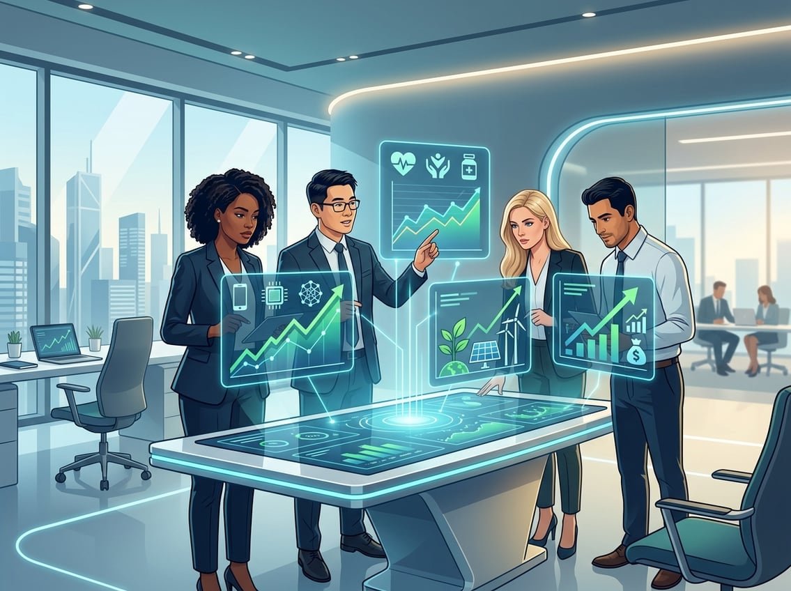 A group of professionals examining futuristic digital charts and graphs in a modern office, analyzing market trends for niche opportunities.