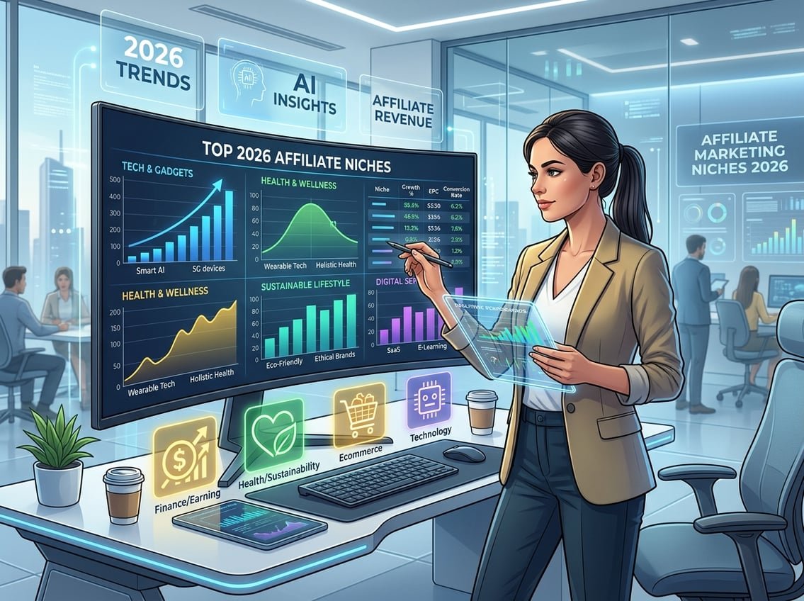 A business professional analyzing colorful charts and icons representing different niche categories on a computer and tablet in a futuristic digital workspace.
