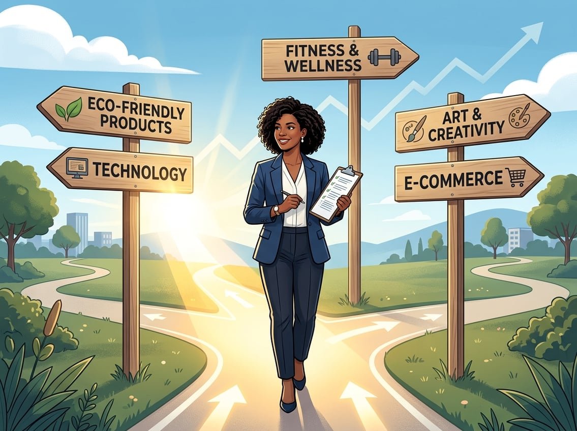 An entrepreneur standing at a crossroads with multiple signposts representing different niche markets, thoughtfully choosing the best path with a clipboard in hand under a clear sky.