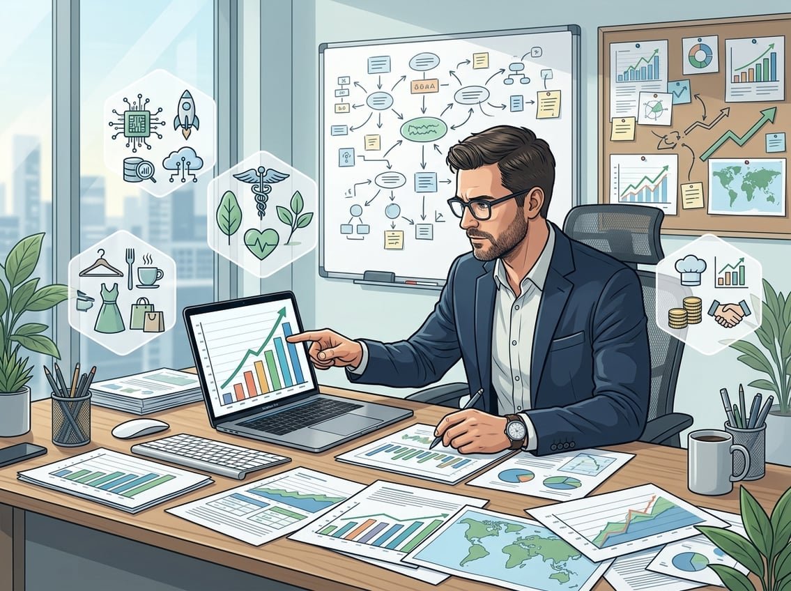 A person at a desk reviewing charts and documents about different markets, surrounded by icons representing various business niches.