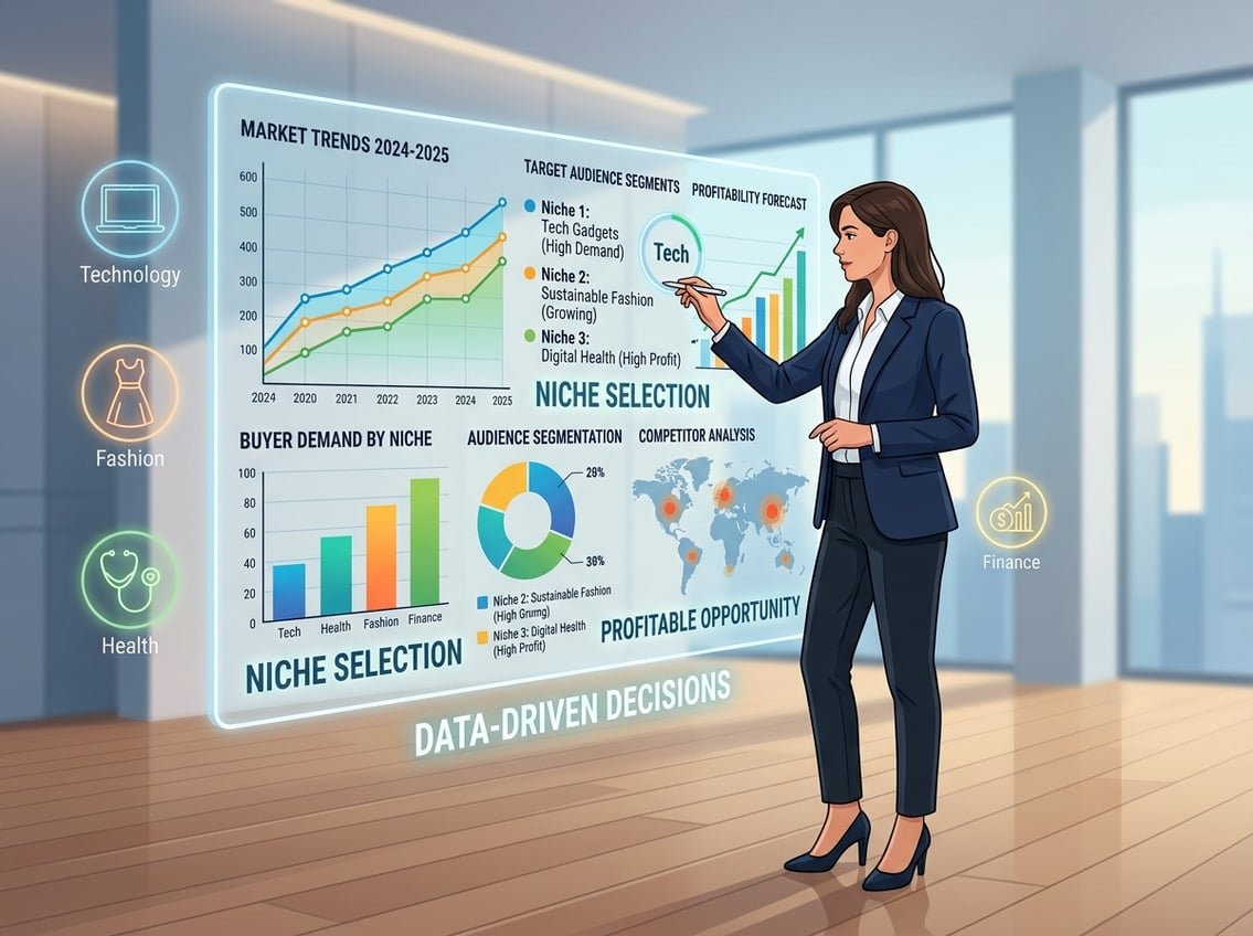 A person analyzing market data on a digital screen with icons representing different business niches around them.