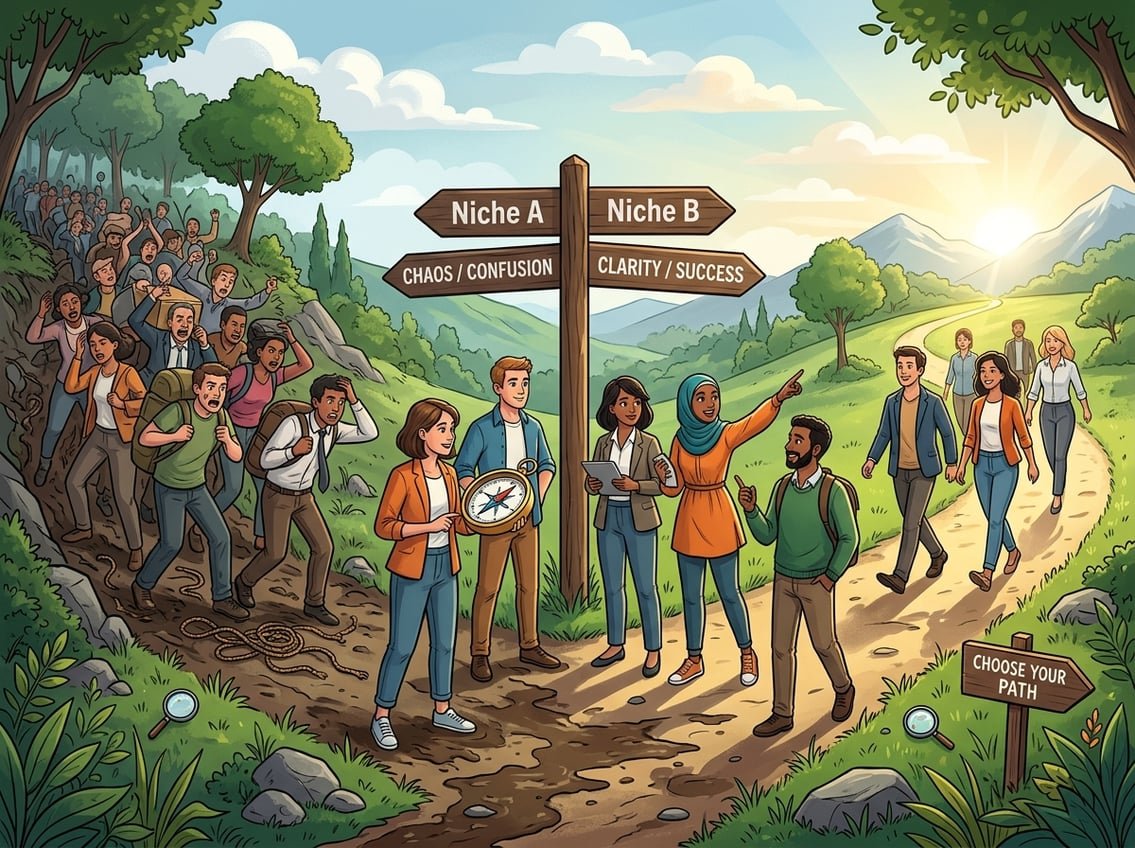 People standing at a crossroads with one path crowded and confusing and another path clear and bright, symbolizing making the right choice.