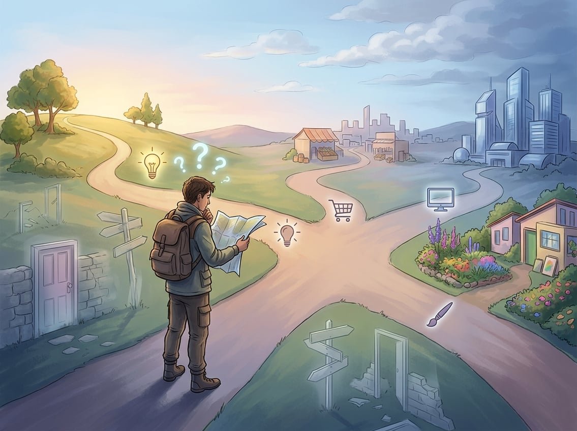 A person standing at a crossroads with multiple paths and icons, looking confused while holding a map, surrounded by symbols of wrong choices.