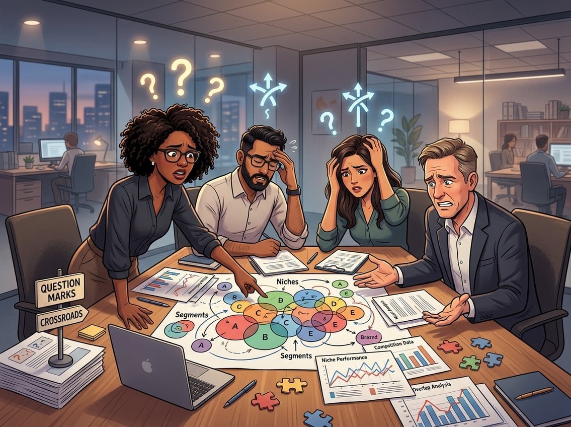 A group of people in a business meeting looking confused around a table with charts and a map showing overlapping circles representing different niches.