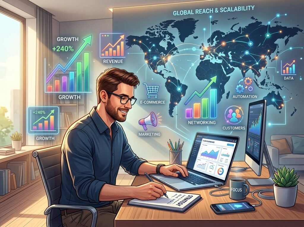 A person working alone at a desk with a laptop, surrounded by symbols of online business growth and global digital connections.