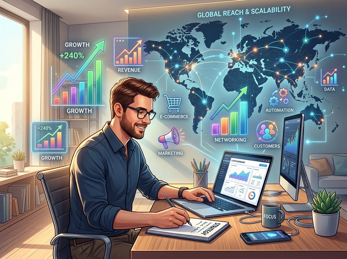 A person working alone at a desk with a laptop, surrounded by symbols of online business growth and global digital connections.