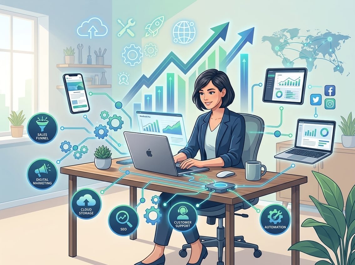 A person working at a desk with a laptop surrounded by symbols of business growth, technology, and automation.