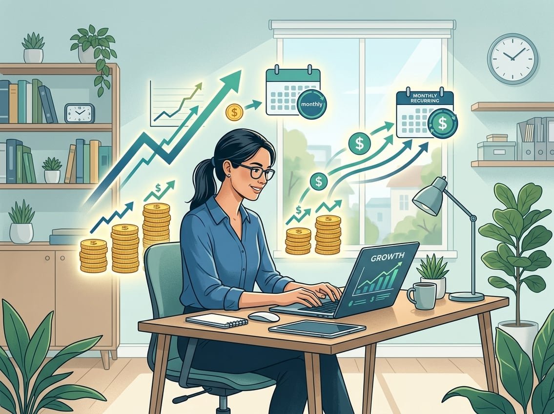A person working alone at a desk with a laptop, surrounded by icons of money, graphs, and calendars representing business growth and recurring revenue.