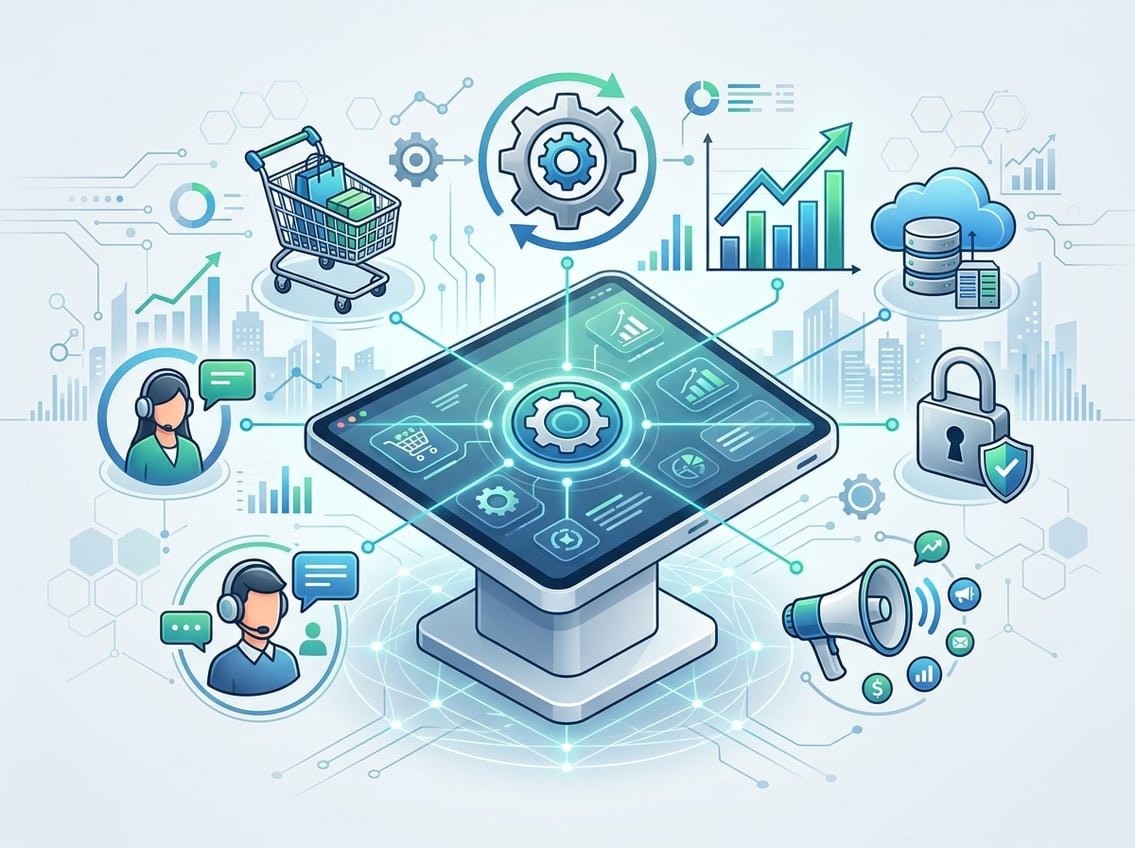A digital dashboard surrounded by icons representing e-commerce, automation, analytics, cloud computing, security, marketing, and customer support connected by network lines.